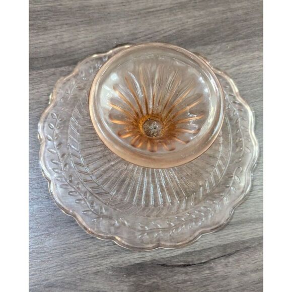 Vintage Pink Depression Glass Cake Stand With Scalloped Edges & Floral Design 9" - Picture 4 of 9